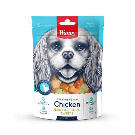 Snacks para Perro Wanpy: Oven Roasted Chicken Jerky & Biscuit Twists 100g