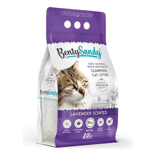 Arena para gatos Bentysandy Ultra absorvente y Ultra aglomerante 100% bentonita con aroma (Lavanda) 8,7 Kg/10L