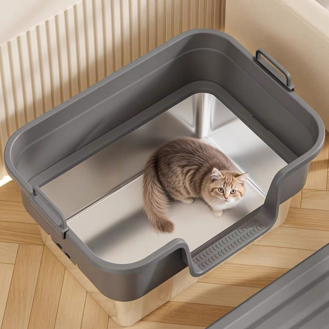 Arenero de acero cerrado para gatos modelo #1339 gris oscuro (Incluye pala)