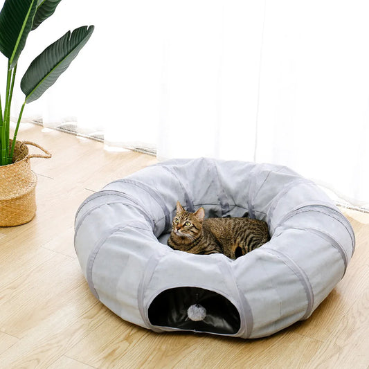 Túnel plegable redondo para gato con cama