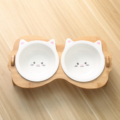 Comedero alto de cerámica de madera con diseño de gato