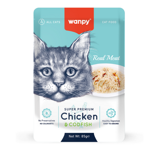 Comida húmeda para Gato Wanpy: Super Premiun Filetes Pollo y Bacalao 85gr