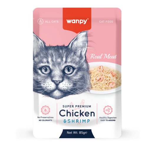 Snacks para Gatos Wanpy: Super Premiun Filetes Pollo & Camarón 85gr