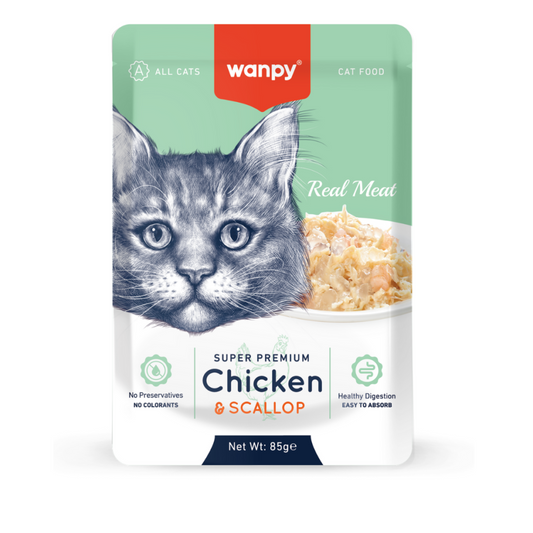 Comida húmeda para Gato Wanpy: Super Premiun Filetes Pollo y Ostiones 85gr