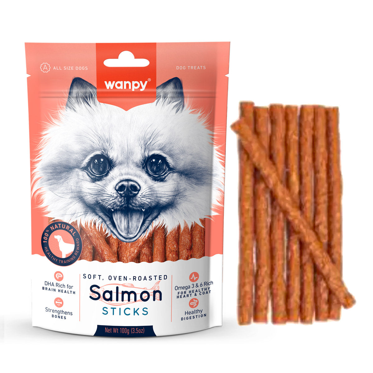 Snacks para Perro Wanpy: Soft Oven Roasted Palitos de Salmón 100g