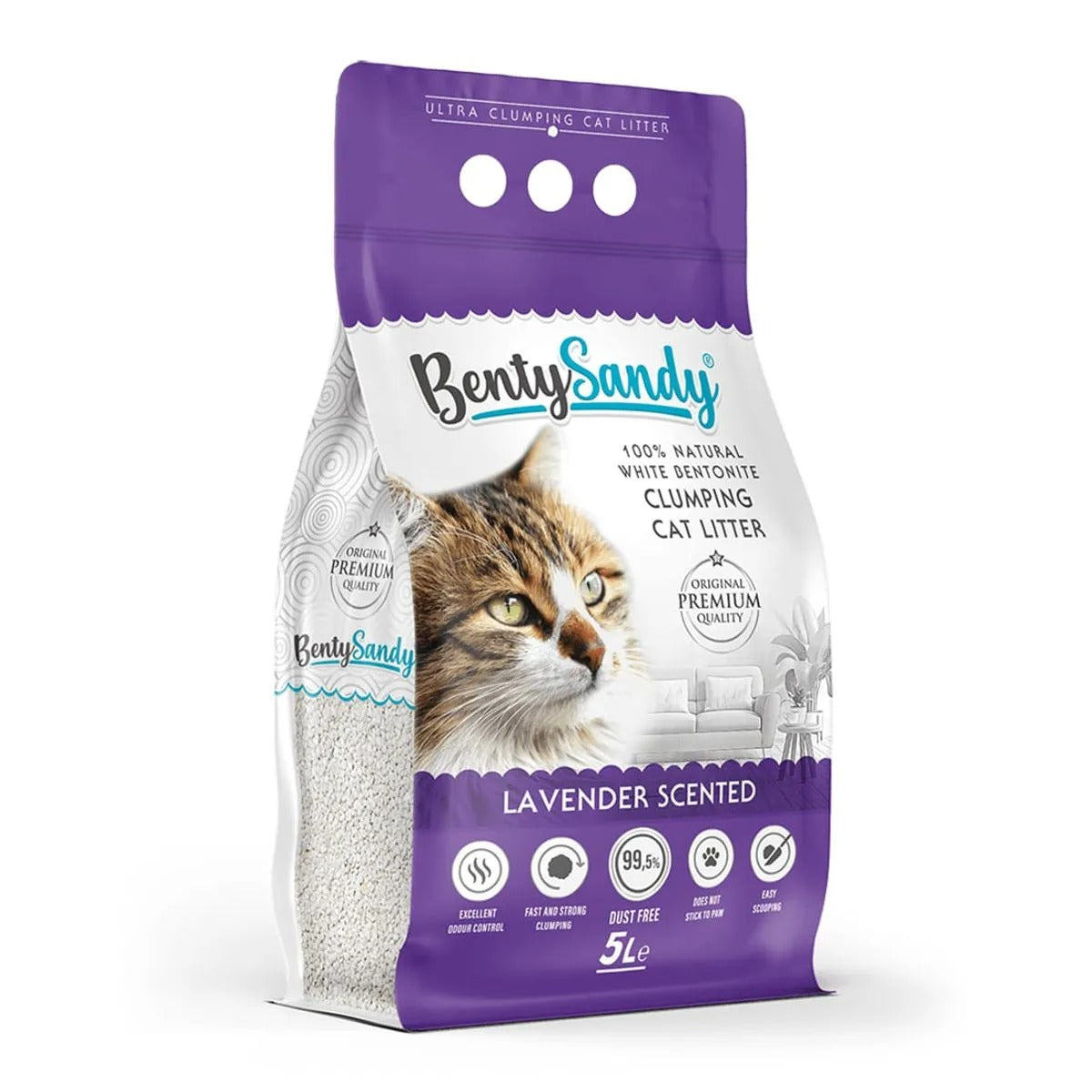 Arena para gatos Bentysandy Ultra absorvente y Ultra aglomerante 100% bentonita con aroma (Lavanda) 4,35kg/5L