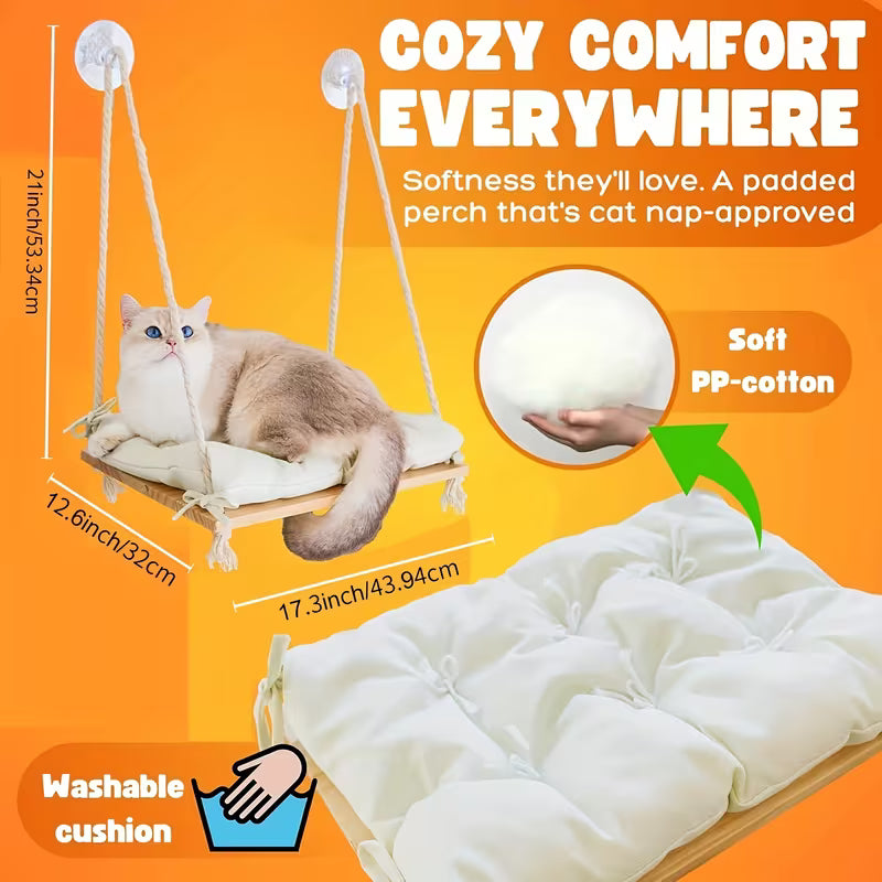 Hamaca de ventana para gatos de madera (Soporta hasta 8kg)