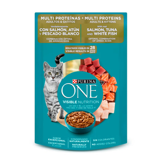 Comida Húmeda para Gato Purina: One, Sobre, Multi Proteínas Salmón, Atún y Pescado Blanco 85gr