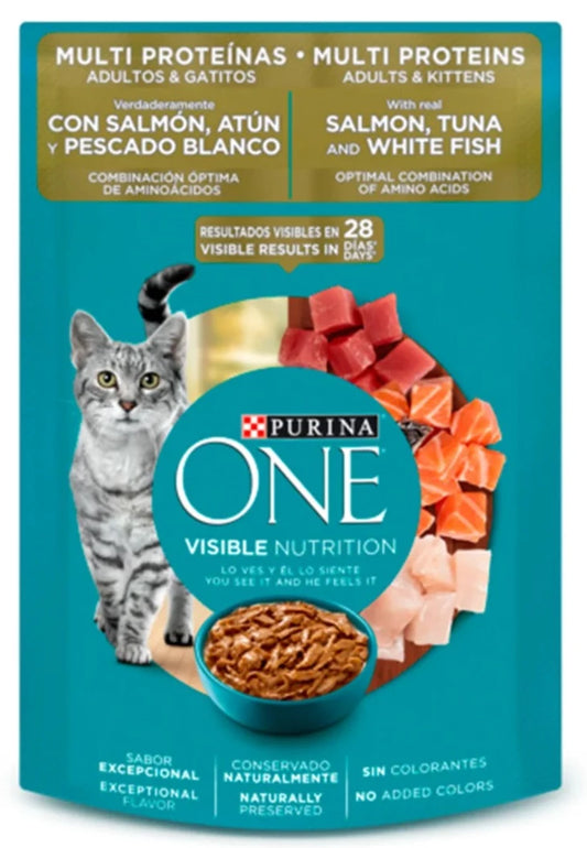 Alimento Húmedo para Gato Purina: One, Sobre, Multi Proteínas Salmón, Atún y Pescado Blanco 85gr