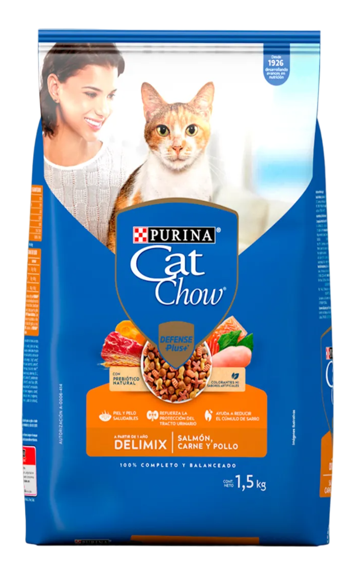 Comida para Gato Purina: Cat Chow, Adulto, Delimix Salmon, Carne y Pollo 1.5kg