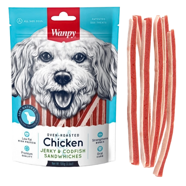 Snacks para Perro Wanpy: Oven Roasted Chicken Jerky Codfish Sandwich